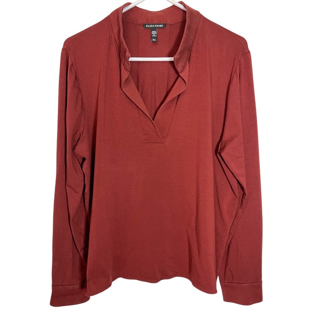Eileen Fisher L Red Split Neck Blouse Long Sleeve Jersey Knit Minimalist Earthy